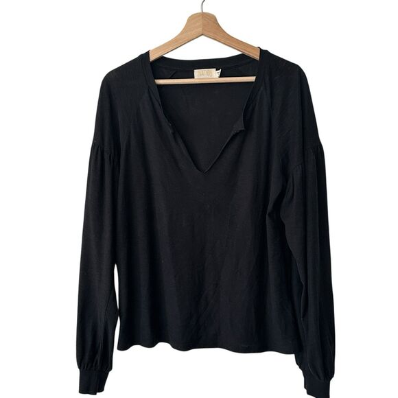 Nation LTD M Top Black Puff Sleeve V Neck Pima Cotton Capsule Basic Shirt - Picture 1 of 11